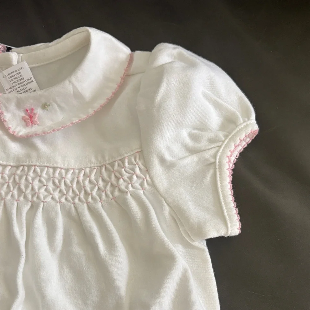 Janie and Jack White Smocked Cotton One-Piece with Pink Trim